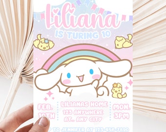 Kitty And Friends Party Invitation| Kawaii Birthday Invitation| Canva template| Cinnamon Invitation| Kawaii Bunny Invitation| Cute Rainbow