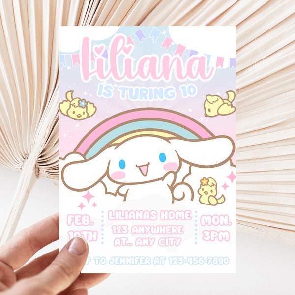 Invitación a fiesta de Kitty y amigos/ Invitación de cumpleaños Kawaii/ Plantilla Canva/ Invitación canela/ Invitación de conejito Kawaii/ Arco iris lindo