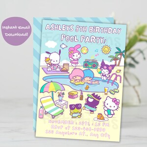 Kawaii Characters| Kawaii Pool Birthday| Digital Editable File| Cute Pool Birthday Card| Kawaii Pool Cat Invitation| Kawaii Kitty Invitation