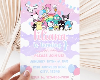 Kawaii Characters| Kitty Birthday| Digital Editable File| Kitty and Friends Birthday Card| Kawaii Cat Invitation| Kitty Birthday Invitation