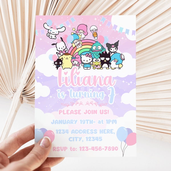 Kawaii Characters| Kitty Birthday| Digital Editable File| Kitty and Friends Birthday Card| Kawaii Cat Invitation| Kitty Birthday Invitation