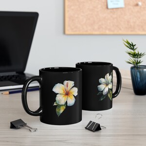 Tropical Hibiscus Flower Black Ceramic Mug - 11oz