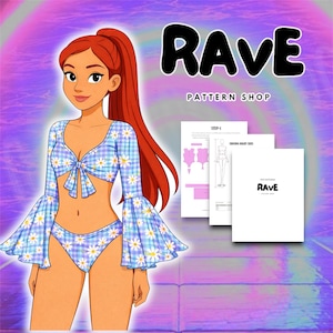 Rave Cosplay Sewing Pattern flair sleeve crop top festival outfit, two-piece cheeky bottom