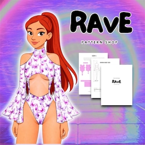 Rave Cosplay Sewing Pattern cut out bodysuit flared sleeve festival look, Sewing