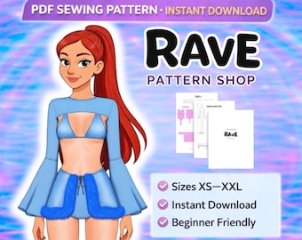 Rave Cosplay Sewing Pattern Bikini top half skirt, Tie skirt, cheeky bottoms festival wear swimwear