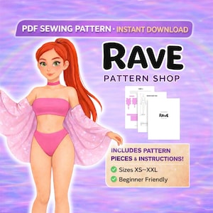 May include: Digital sewing pattern for a rave outfit. The image shows a cartoon illustration of a woman in a pink bikini and kimono-style sleeves. The text reads "RAVE PATTERN SHOP" and includes pattern pieces and instructions. Sizes XS-XXL, beginner friendly.