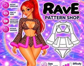 May include: A PDF sewing pattern for a two-piece outfit featuring a long-sleeve leopard print top with a cutout and a matching skirt with pink faux fur trim. The digital download includes instructions, diagrams, and sizes ranging from XS to XXL.