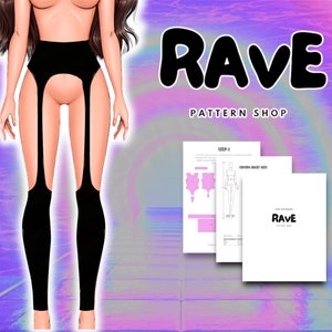 May include: A digital illustration of a woman wearing a black garment with straps and a high waist. The image is a pattern for a garment. The text "RAVE PATTERN SHOP" is in the upper right corner of the image.