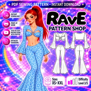 Puede incluir: Un patrón de costura PDF digital para un conjunto de dos piezas que incluye un top corto de manga larga con detalle de anillo y pantalones de campana, ambos con estampado de leopardo azul. Incluye dibujos técnicos, tallas XS-XXL, nivel 3/5.