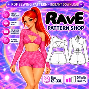 May include: A digital PDF sewing pattern for a two-piece outfit featuring a long-sleeve crop top with a cutout and matching shorts. The graphic includes text reading RAVE PATTERN SHOP, INSTANT DOWNLOAD, PRINT AT HOME, and SIZES XS-XXL.