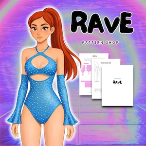 Op de afbeelding: Illustratie van een vrouw in een blauwe bodysuit met een halternek en lange mouwen, versierd met kleine witte stippen. De afbeelding bevat de tekst "RAVE PATTERN SHOP" en patroonvellen.