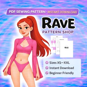 Könnte beinhalten: Illustration für einen Schnittmuster-Shop. Eine Cartoon-Frau mit roten Haaren und einem rosa Outfit wird gezeigt. Der Text "RAVE PATTERN SHOP" wird angezeigt. Zusätzlicher Text enthält "PDF Sewing Pattern - Instant Download", "Größen XS-XXL", "Sofort-Download" und "Anfängerfreundlich".