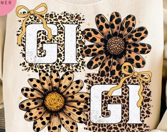 Gigi PNG Leopard Floral Sublimation Design Daisy Flowers and Bow, Retro Glitter Preppy Gigi Shirt Graphic, Digital Download, Mothers day png