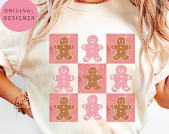 Retro Checkered Gingerbread Man PNG Distressed Pink Christmas PNG Christmas Sublimation Holiday Shirt Design Neutral Christmas Checkered