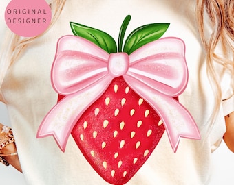 Coquette Strawberry PNG Bow, Berry Sweet Summer Vibes Clipart, Sublimation Design, Strawberry Festival Digital Download, Summer PNG File