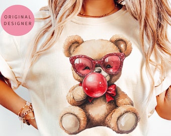 Valentine teddy bear Teddy bear blowing bubble Valentine png Blowing bubble gum Funny valentine png Retro Valentine png Digital download
