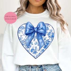 Chinoiserie heart coquette bow png Chinoiserie Valentine png Toile heart png Preppy Valentines Heart chinoiserie Grand millennial design