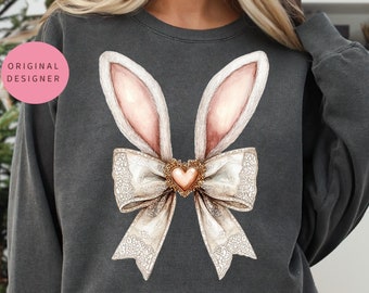 Coquette bow bunny ears png Lace coquette bow Happy Easter png Coquette Easter shirt design Easter bunny png Trendy Easter Lace Easter png