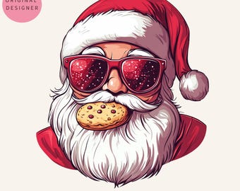 May include: A cartoon illustration of Santa Claus wearing red and white sunglasses and a red hat. He is biting into a chocolate chip cookie.