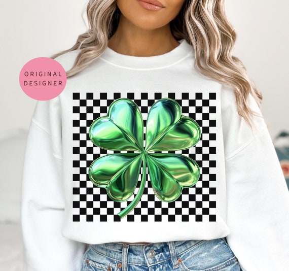 Retro checkered shamrock png St Patricks Day png Lucky png Saint Patrick png Happy St Pattys shirt png Four leaf clover png Green clover png