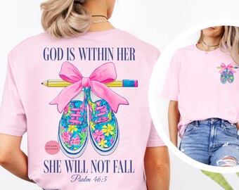 Regreso a la escuela png, Dios está dentro de ella png, Cristiano png, Zapatillas coquetas png, Maestra linda png, Chica religiosa png Versículo bíblico Salmo 46:5