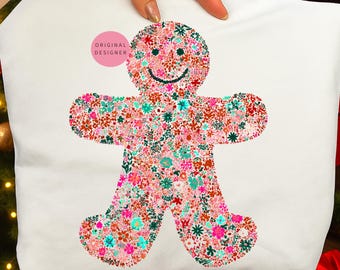 Floral Gingerbread Man PNG: Coquette Christmas Sublimation (Digital Download)