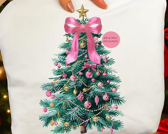Coquette Christmas Tree PNG: Design per sublimazione di magliette con fiocco rosa (download digitale)
