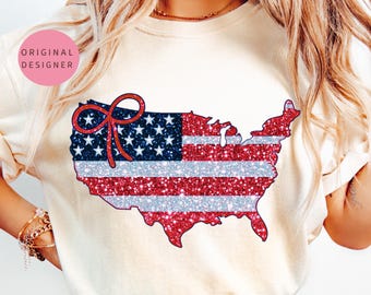 4th of July Glitter USA Map PNG, Coquette Bow Patriotic Shirt Sublimation Design, Red White Blue Independence Day Digital Download Patriotic