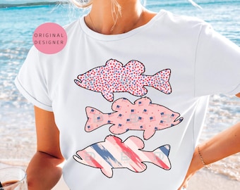 4th of July Bass Fish PNG, Patriotic Fishing PNG for Shirt, American Flag Bass Sublimation Design, Red White Blue Preppy Summer PNG