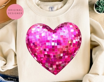 Disco heart valentine png Glitter heart Valentine Pink glitter Valentines day png Digital sublimation Disco ball heart Valentine png design