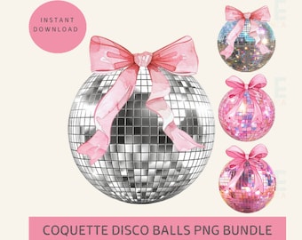 Kokette Disco Ball PNG Bundle, Rosa Schleife Clipart für Bachelorette Mädchen Reise Party Dekor Adrette Sublimationsaufkleber Digitale Kunstdatei
