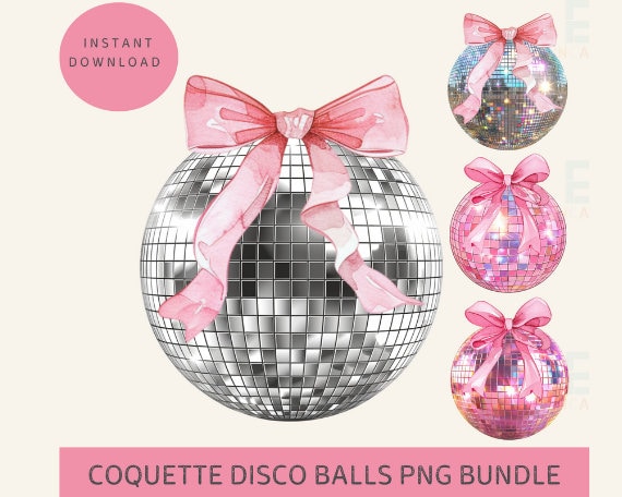 Coquette Disco Ball PNG Bundle, Pink Bow Clipart for Bachelorette Girls Trip Party Decor Preppy Sublimation Stickers Digital Art File