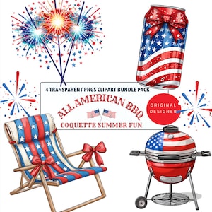 May include: A set of four digital clipart images featuring red, white and blue American patriotic themed designs. The images include a red, white and blue striped beach chair, a red, white and blue striped can, a red, white and blue striped grill, and a red, white and blue firework.