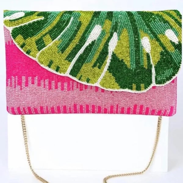 Beaded Palm Leaf Clutch, Summer purse, Seed Bead Clutch Bag, Boho Handbag, Crossbody Bag, Fuchsia Clutch, Tropical purse, Gift idea
