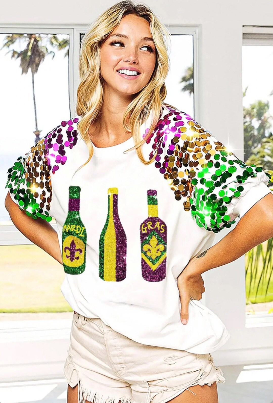 mardi gras lettering spangled sleeve pullover