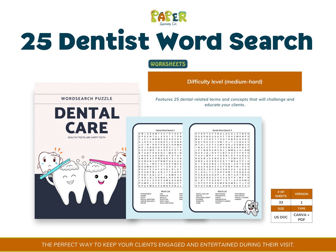 25 Dental Word Search Printable PDF for Dental Clinic - Etsy Canada