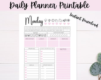 May include: Printable daily planner with a pink background. The planner is divided into sections for Monday, priorities, goals, appointments, daily reflection, and tasks for tomorrow. It also includes sections for mood, water intake, breakfast, lunch, dinner, and snacks.