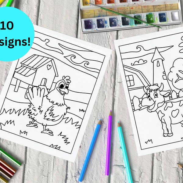 Childrens Farm Animal Printable Coloring Pages | Printable Coloring Book | Farm Animals | Kids Coloring Pages | 10 Designs
