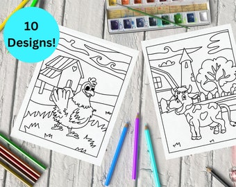Puede incluir: Dos páginas para colorear en blanco y negro que representan una escena de granja. Una página muestra una gallina frente a un granero y la otra muestra una vaca en un campo.