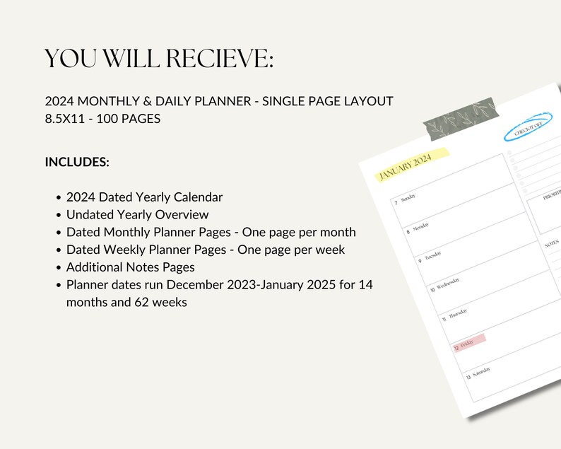 2024 Planner Printable PDF Get Organized With Our Monthly Etsy