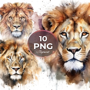 水彩ライオンクリップアート PNG 10ファイル デジタルダウンロード 商用利用 動物クリップアート ライオンヘッド 動物 水彩 高品質アート