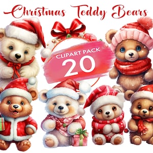 Noël Teddy Bear Clipart Bundle Aquarelle Ours PNG Festif Ours mignon Animal Vacances Scrapbook Junk Journal Paper Craft Téléchargement numérique