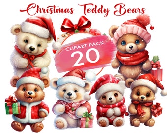 Christmas Teddy Bear Clipart Bundle Watercolor Bear PNG Festive Cute Bear Animal Holiday Scrapbook Junk Journal Paper Craft Digital Download