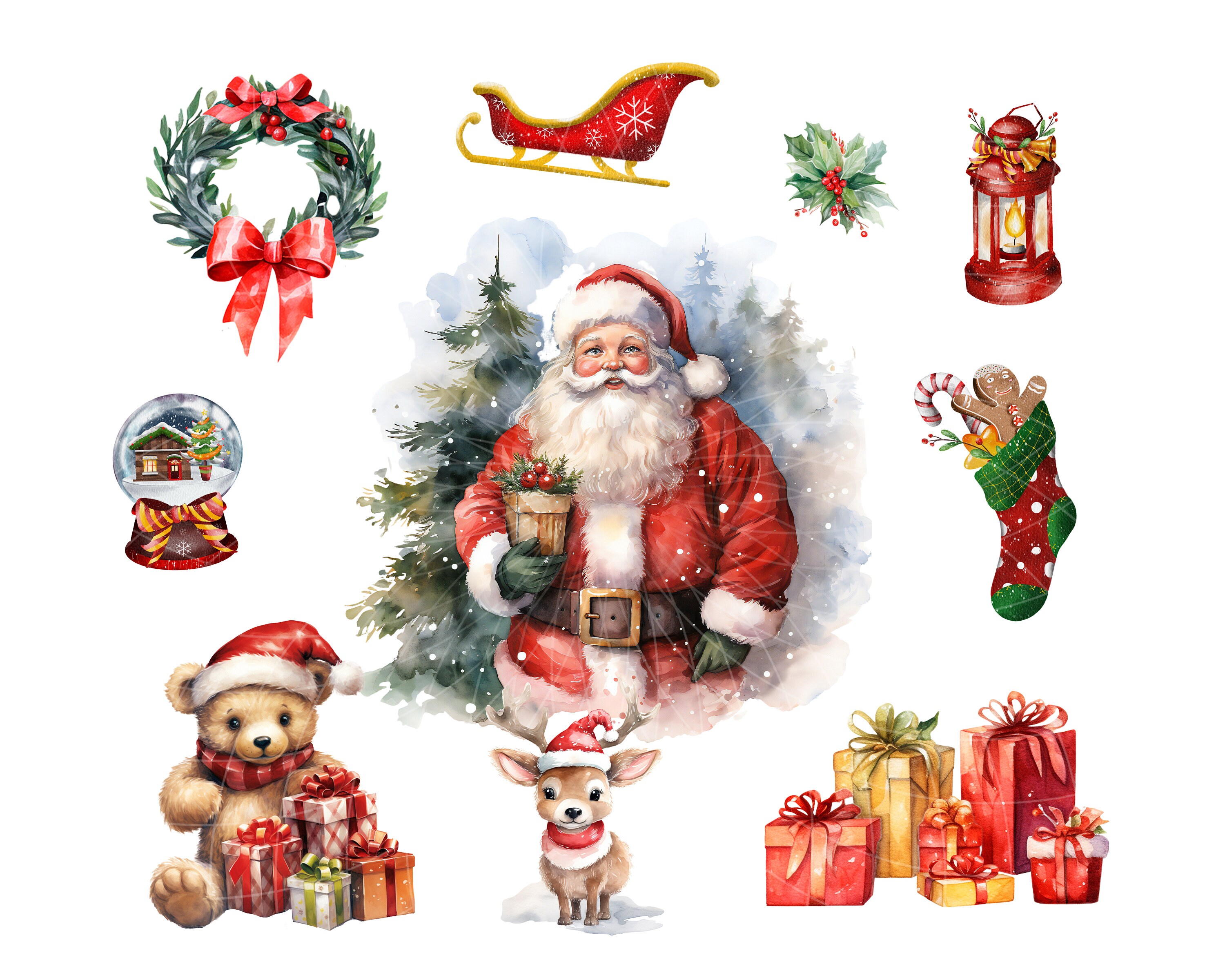 Christmas Clipart Mega Bundle Watercolor 60 PNG Festive Holidays Santa ...