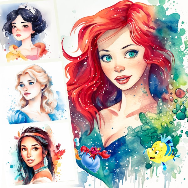 Watercolor Princess Clipart Beautiful Princesses Cute Fantasy Girls Fairytale Design JPG Digital Art Scrapbooking Craft Projects Journal