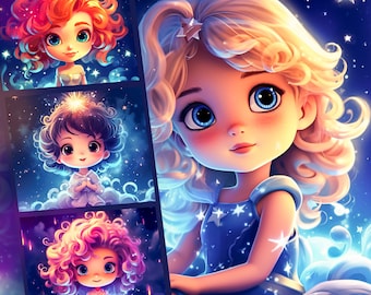 Chibi Girls Cute Princesses in Space Watercolor Clipart Anime Girl Fantasy Princess Bundle Design High Quality JPG Craft Projects