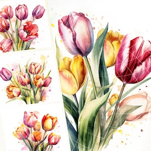 Beautiful Flowers Watercolor Clipart Tulips Spring Flowers Digital Paper Jpg High Quality Commercial Use Crafting Design Bundle Digital Art