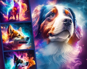 Space Dogs Animals in Space Galaxy Cosmic Cute Dog Digital Art Fantasy Watercolor Clipart Design Wallpaper Art Print High Quality JPG Poster