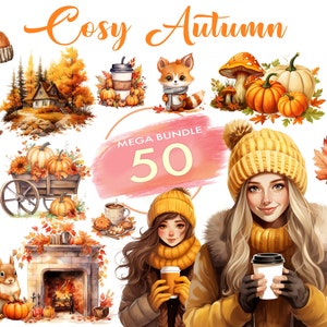 Autumn Clipart PNG Cozy Autumn Fall Watercolor Cute Animals Graphics Falling Leaves Autumn Tree Girl Pumpkin Spice Latte Digital Download