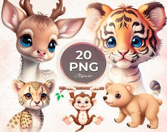 Animals Clipart PNG Baby Animals Watercolor Safari Cute Lion Deer Bear Elephant Baby Shower Nursery Decor Birthday Baby Commercial Use Art